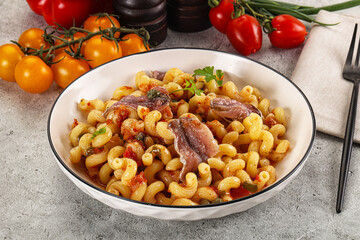 Italian pasta cellentani with anchovy