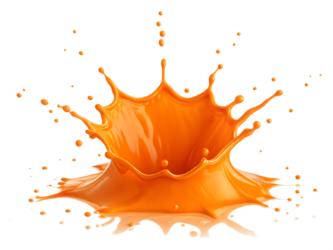 A vibrant orange liquid splash with droplets isolated on a black background creating dynamic movement