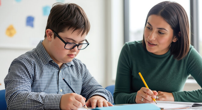 Teacher helping boy with down syndrome writing, checkered shirt, glasses, classroom setting. Special education, inclusive learning support. Educational assistance concept