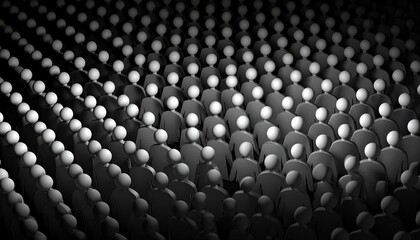 An abstract monochromatic digital rendering shows a large crowd of faceless figures wearing gray clothing, set against a backdrop of varying light and