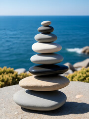 Symbolic arrangement of stones against a sea backdrop. Concept of harmony and balance.