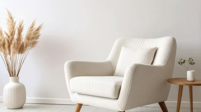 Elegant living room interior with comfortable cream armchair, small pillow, pampas grass in a white vase, and a small table with flowers, minimalist decor