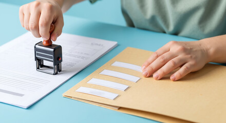Hands using rubber stamp on documents with manila envelope turquoise background. Office worker stamping papers business administration. Official paperwork concept banner horizontal