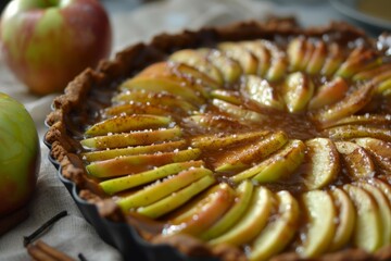 Caramel apple tart with sage garnish on black plate. AI generated