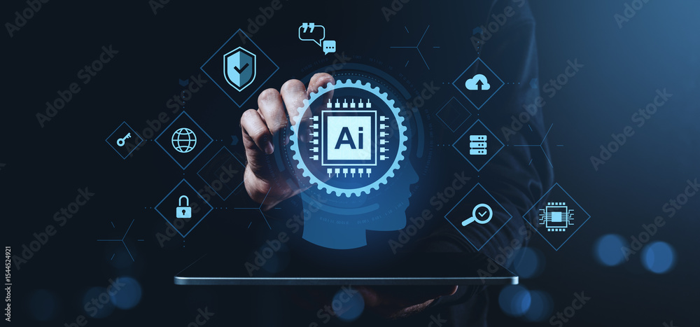 Poster artificial intelligence chip symbolizing automating business processes and future technology integra
