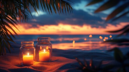 Two candles glow in jars on sandy beach under palm leaves at sunset, creating a warm, peaceful, and romantic atmosphere by the ocean.