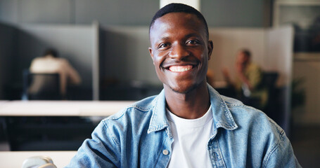Creative, portrait and smile of business black man in office for development or job opportunity....