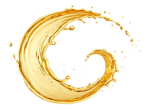 Golden liquid swirling with droplets on a black background creating a dynamic splash effect