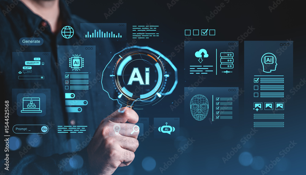 Poster ai technology interface with futuristic virtual graphics showing automation and business process ico
