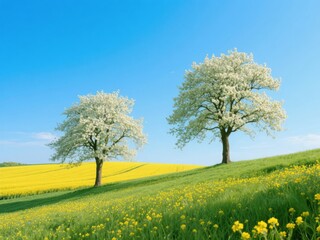 Fototapeta premium Blooming Trees on a Hillside with Yellow Flower Field Under a Clear Blue Sky