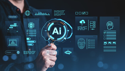 AI technology interface with futuristic virtual graphics showing automation and business process icons on dark blue background in digital concept.