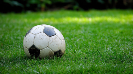 Fototapeta premium worn soccer ball resting on vibrant green grass, inviting play and excitement