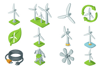 Set of wind turbine icons with eco-friendly and renewable energy symbols