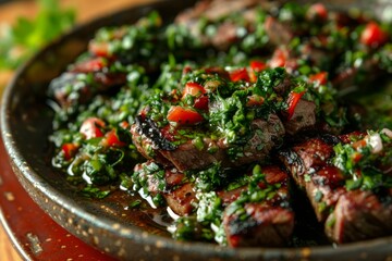 Grilled beef skewers with herb sauce, close-up view. AI generated