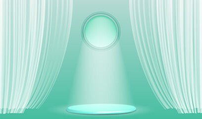 Realistic stage with light beam and curtains