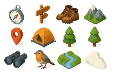 Camping icons: maps, boots, tent, nature elements illustrated