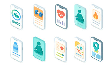 Isometric fitness app icons on smartphones for health and exercise tracking