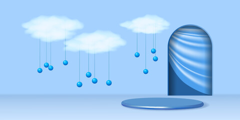 Realistic 3d scene with white clouds, round podium and arched entrance