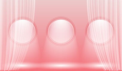 Realistic stage with light beams, transparent curtains and round windows