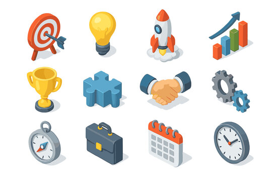 Colorful 3d business icons: growth, strategy, success, innovation, teamwork