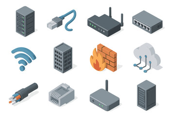 Isometric network icons featuring firewall, router, and ethernet cable