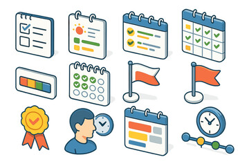 Isometric task management icons with calendar and clock elements