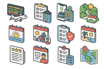 Travel and vacation planner icons with calendar, map, and checklist
