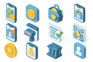 Financial and security icons featuring wallets, qr codes, and checklists