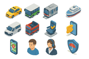 Isometric transport icons: cars, buses, trains, ships, people, phones, tickets