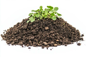 Green plant emerging from soil pile on white background. AI generated