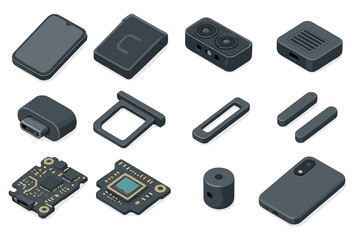 Isometric smartphone components: camera, speaker, circuit board, ports visualized