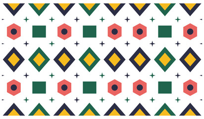 Geometric abstract pattern with yellow, green, and coral shapes