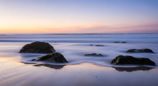 Serene Coastal Seascape Long exposure of waves around mossy rocks on a sandy beach at dawn, under a peaceful gradient sky. - Powered by Adobe
