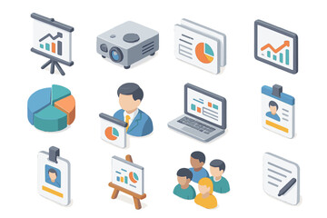Isometric business icons: charts, devices, profiles, and teamwork graphics