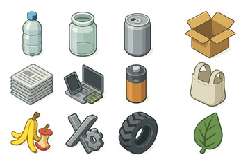 Recycling icons: water bottle, jar, can, box, electronics, battery, bag, leaf