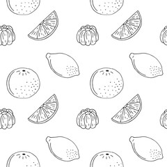 Citrus fruits seamless pattern, hand drawn, vector illustration