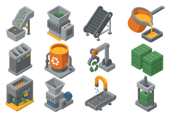 Isometric recycling plant equipment icons in industrial style
