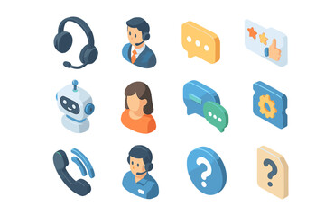 Isometric customer support icons with diverse communication elements