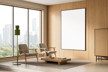 Modern interior design with minimalist furniture, wooden textures, and large window view in bright cozy living room setting. 3D Rendering. 3D Rendering