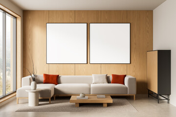 Modern interior living room with two blank framed posters on wooden wall above minimalist sofa and coffee table in bright natural lighting setup. 3D Rendering