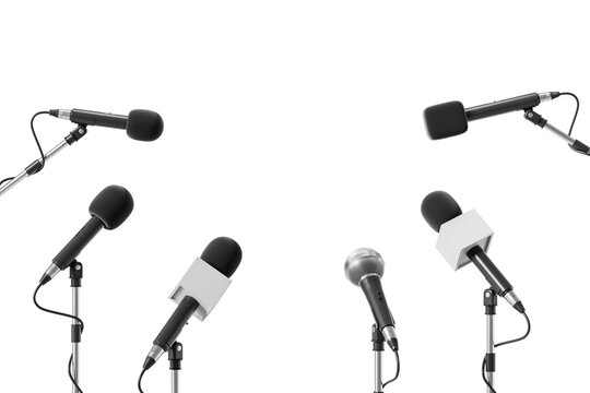 Multiple microphones on stands arranged for a press conference or media interview on white background. Concept of communication and press event setup. 3D Rendering
