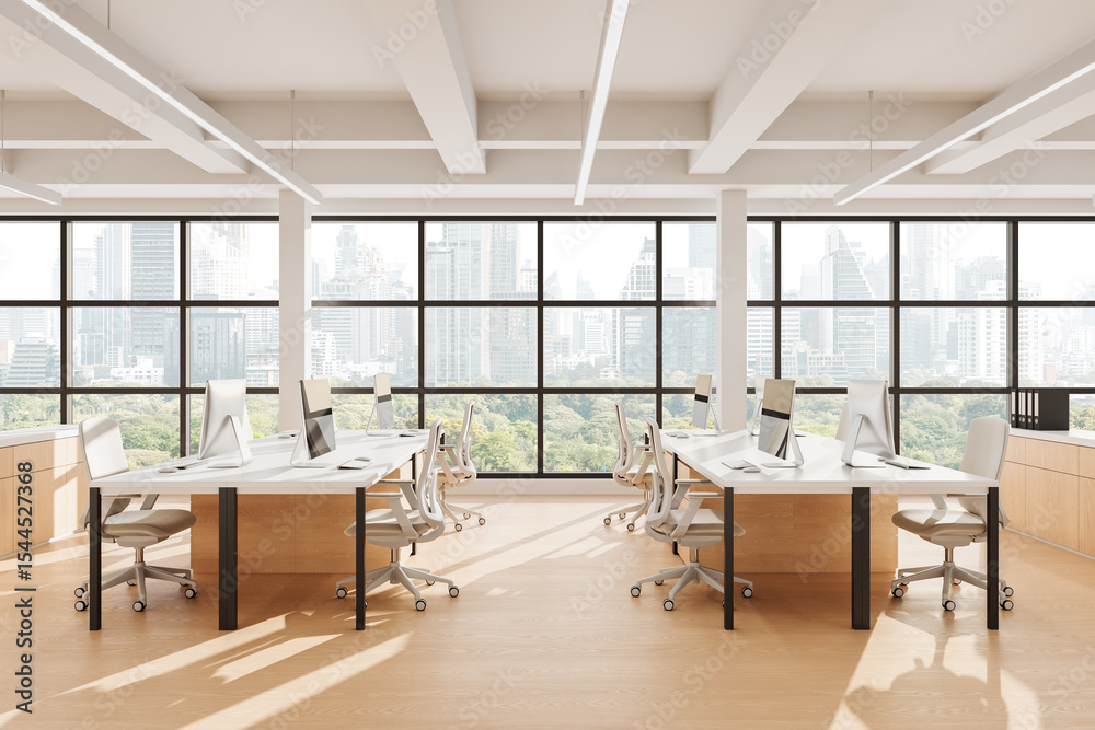Fototapete Modern open space office interior with minimalist design, large windows, white desks, and cityscape view in daylight. 3D Rendering. 3D Rendering