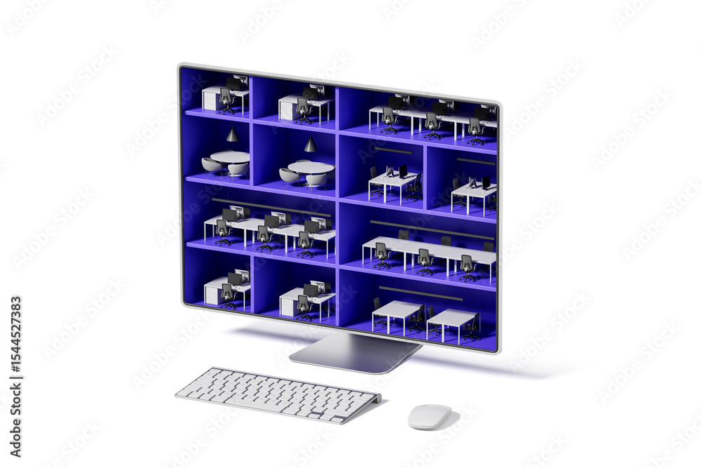 Poster futuristic computer monitor displaying miniature office workspaces in grid layout as digital concept
