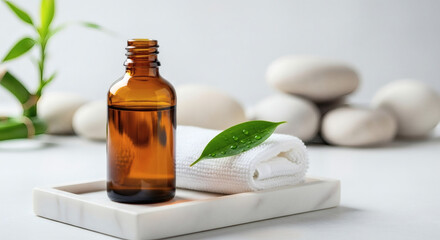 Amber Bottle with Natural Essential Oil and Spa Elements on Marble Tray Promoting Relaxation, Wellness, and Organic Beauty Treatments