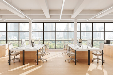 Modern open space office interior with minimalist design, large windows, white desks, and cityscape view in daylight. 3D Rendering. 3D Rendering