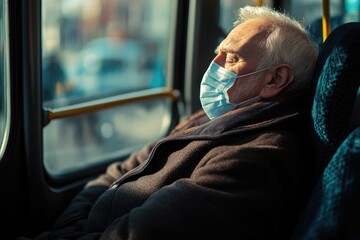 Ultra Hd Picture of Senior Man with Protective Face Mask Napping While Commuting by Bus
