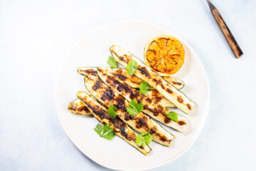 Grilled vegetables appetizer top view on round plate