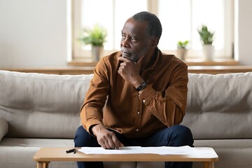 Thoughtful senior African American man contemplating documents on a couch in a comfortable home setting. Retirement planning, decision making, and senior lifestyle concepts are depicted.