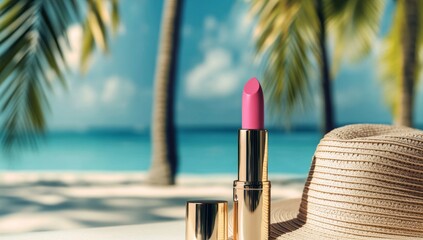 A close-up of cosmetic products on the table, with a beach background featuring palm trees and a blue sky, creating a summer vacation concept.