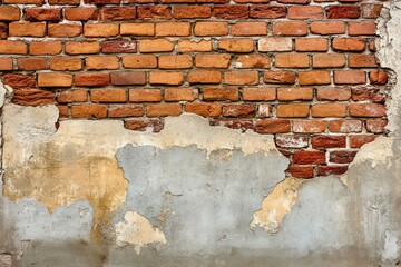Weathered brick wall with peeling paint texture. AI generated